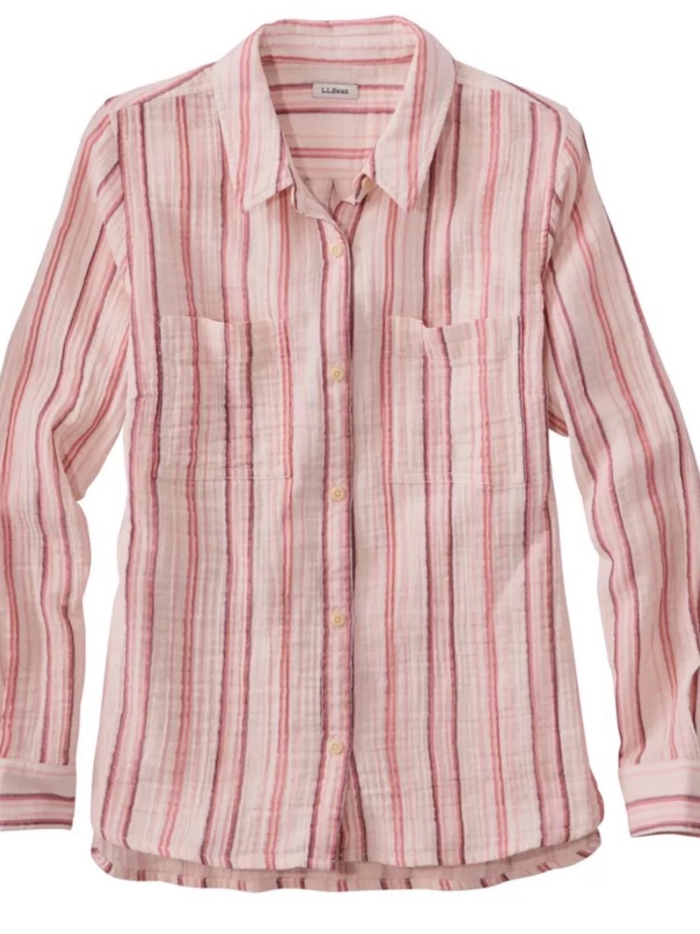 L.L. Bean Pink and White Striped Long-Sleeve 100% Cotton Gauze Button-Up Shirt S
